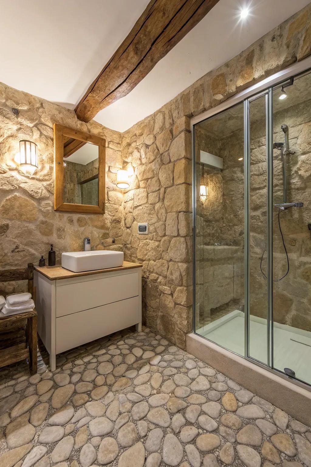 A bathroom showcasing textured stone tile that complements the rock walls.