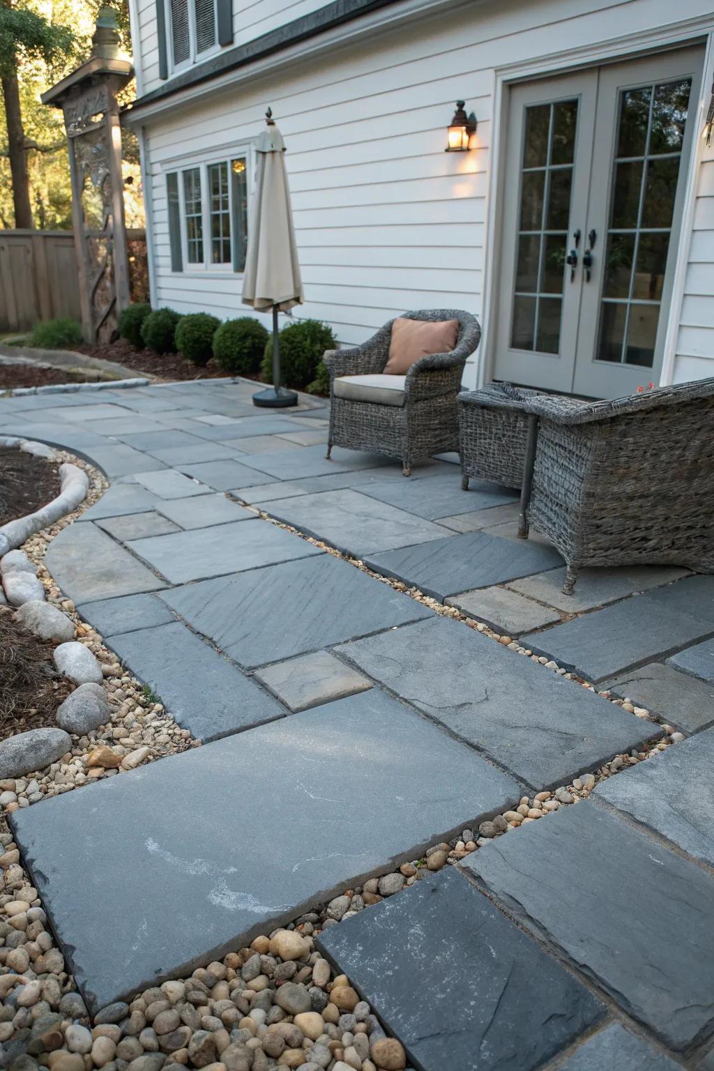 A stone patio that displays an imaginative material composition.