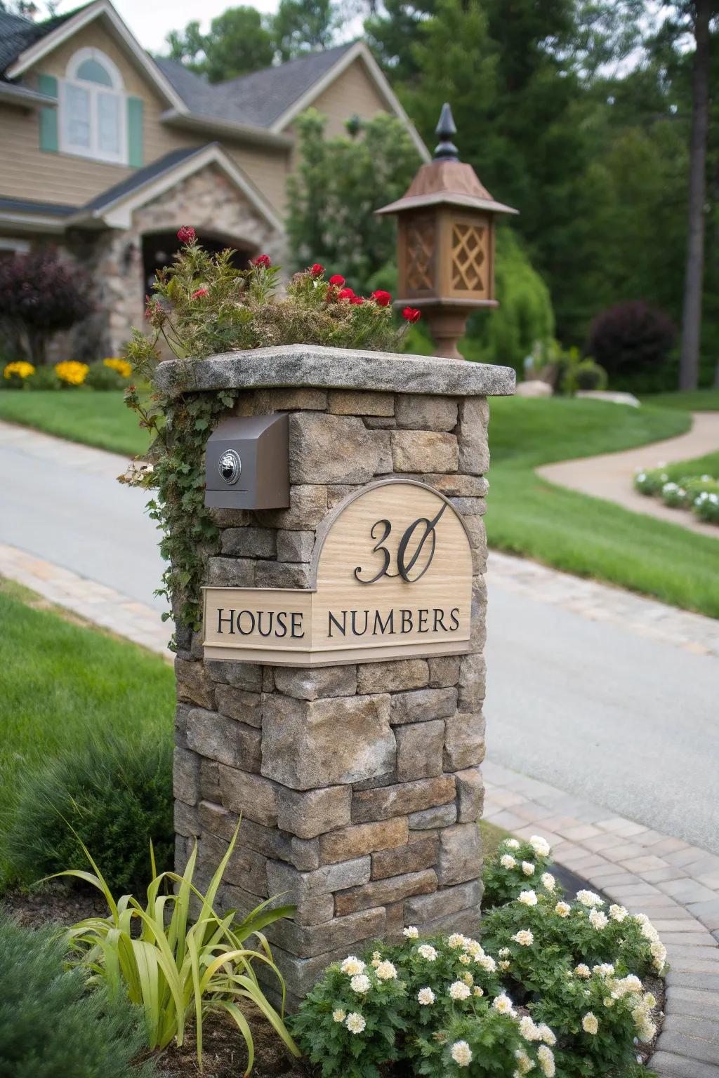 A stone mailbox pillar displaying custom house identifiers.