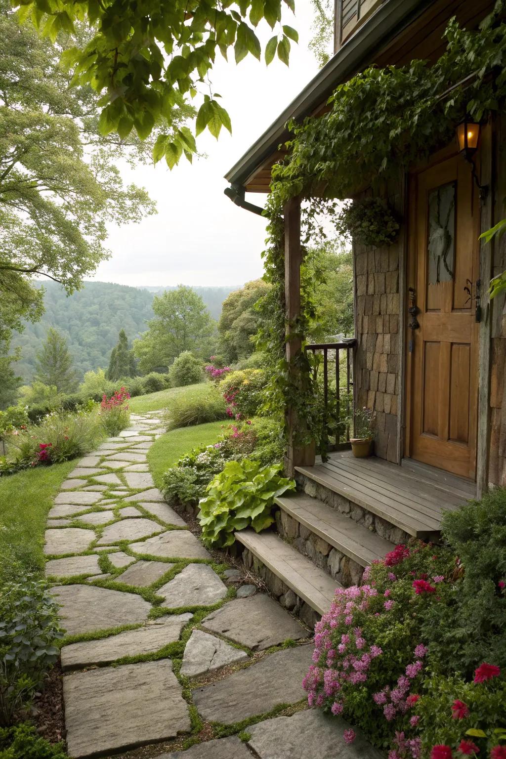 A stone pathway adds rustic charm to the stoop entry.