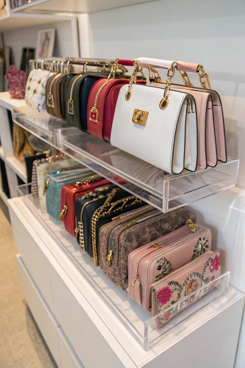 Clear acrylic dividers organizing handbags on a shelf.