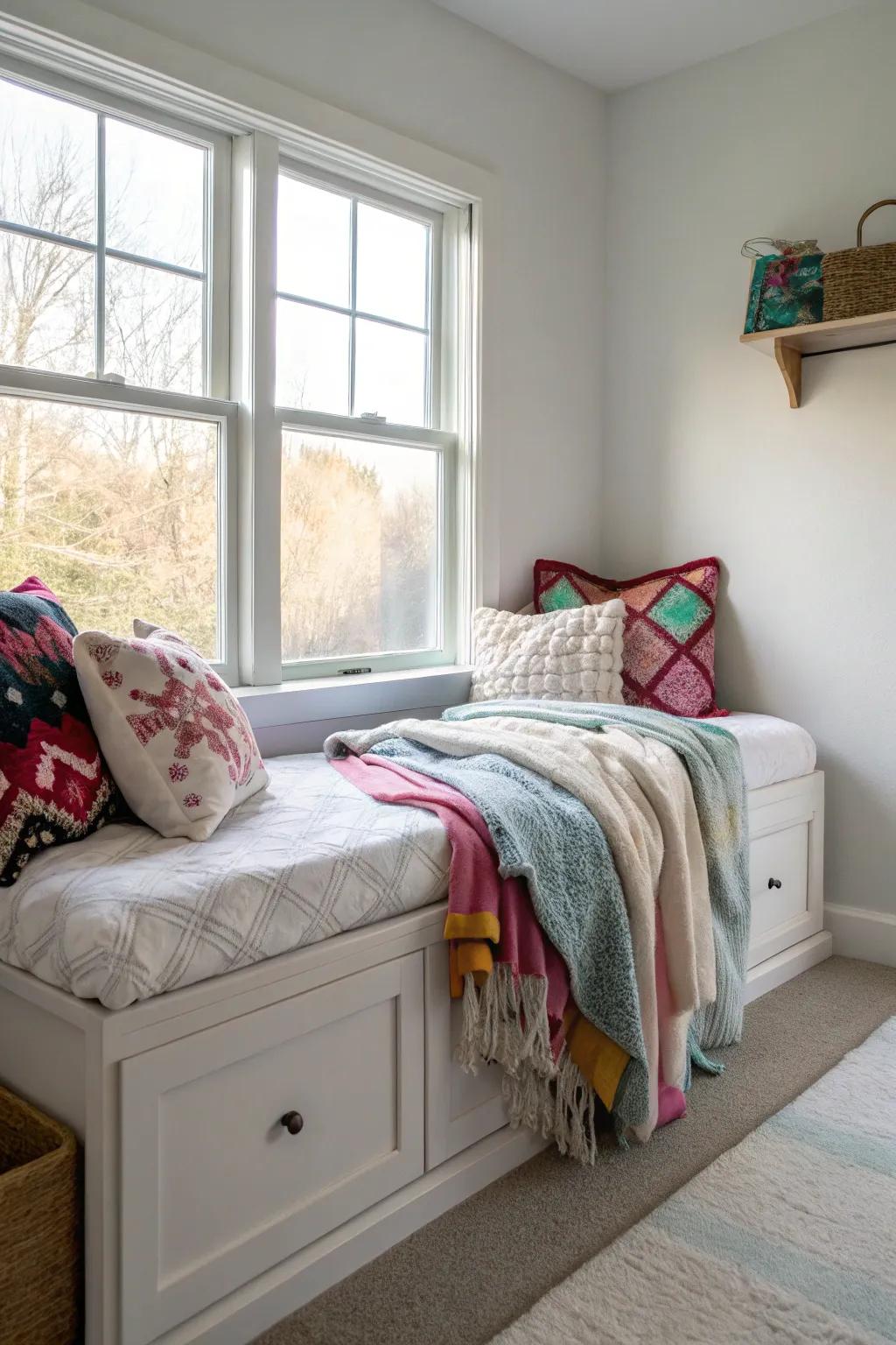 Under-window storage blends functionality with comfort.