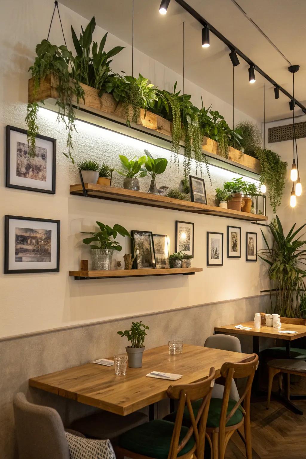 A dining area decorated with floating shelves.