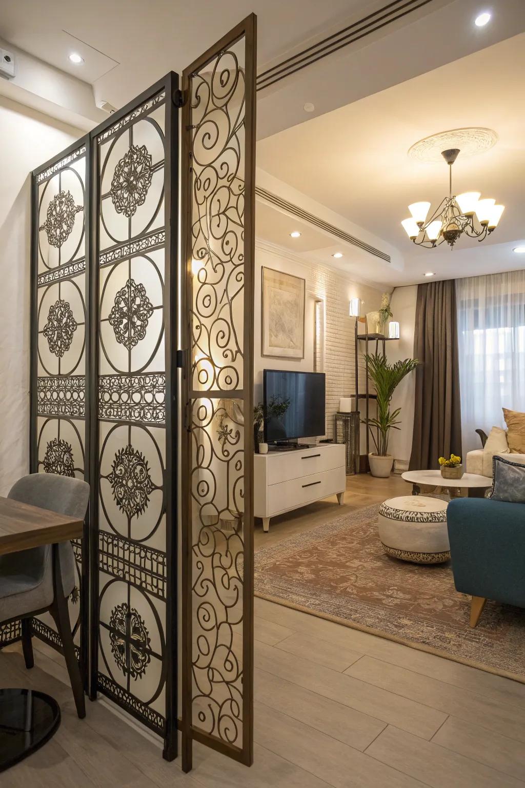 Decorated screens add style and function to a studio.