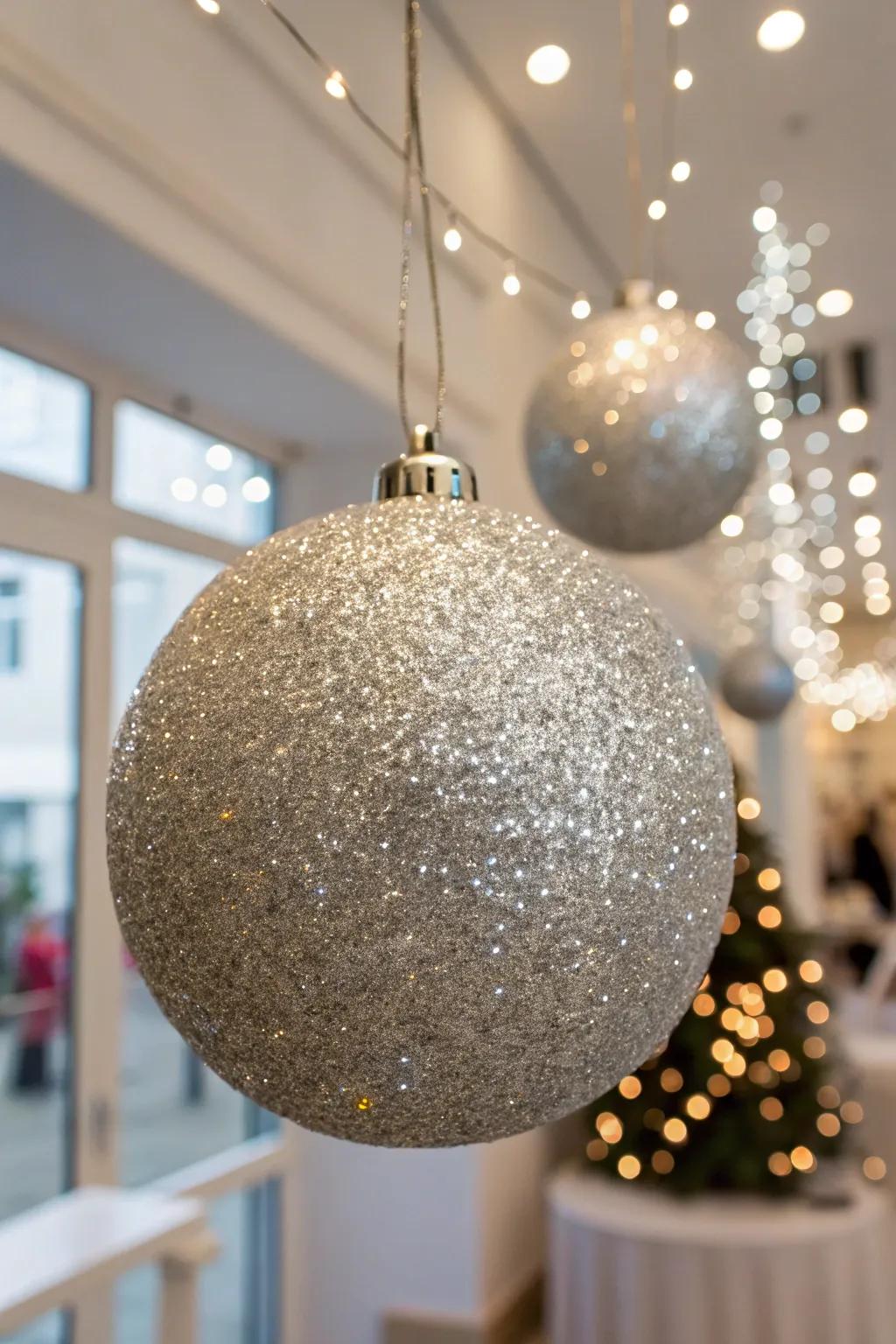 Glimmer-coated ornaments contribute ultimate allure.