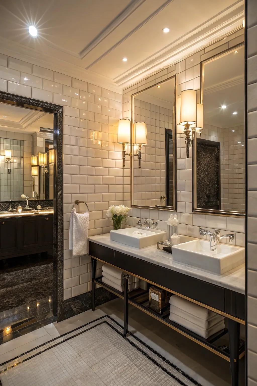 Glossy standard tiles add a touch of glamour and elegance to the bathroom.