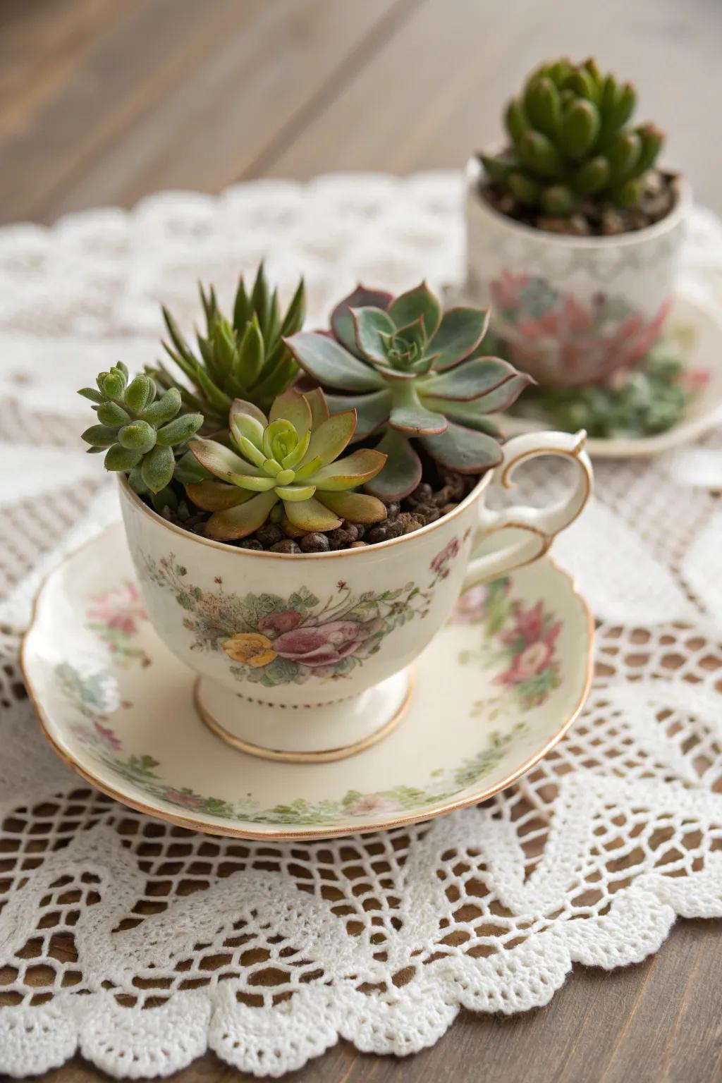 A retro discovery repurposed as an endearing succulent vessel.