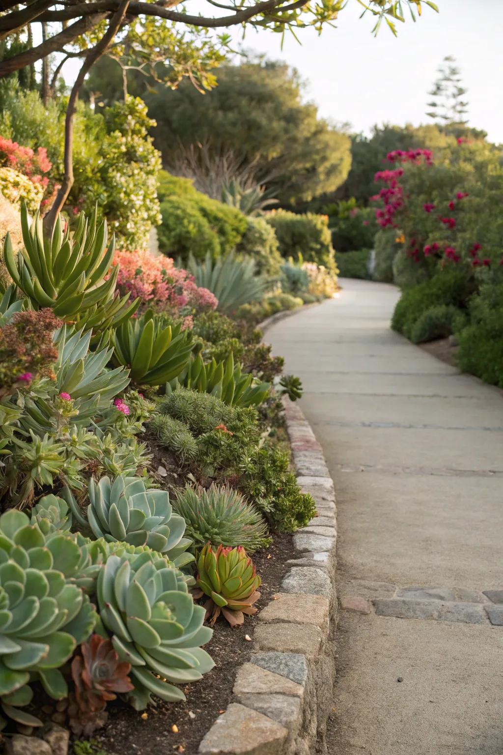A pathway bordered gracefully by thriving succulents, exuding a natural, inviting aura.