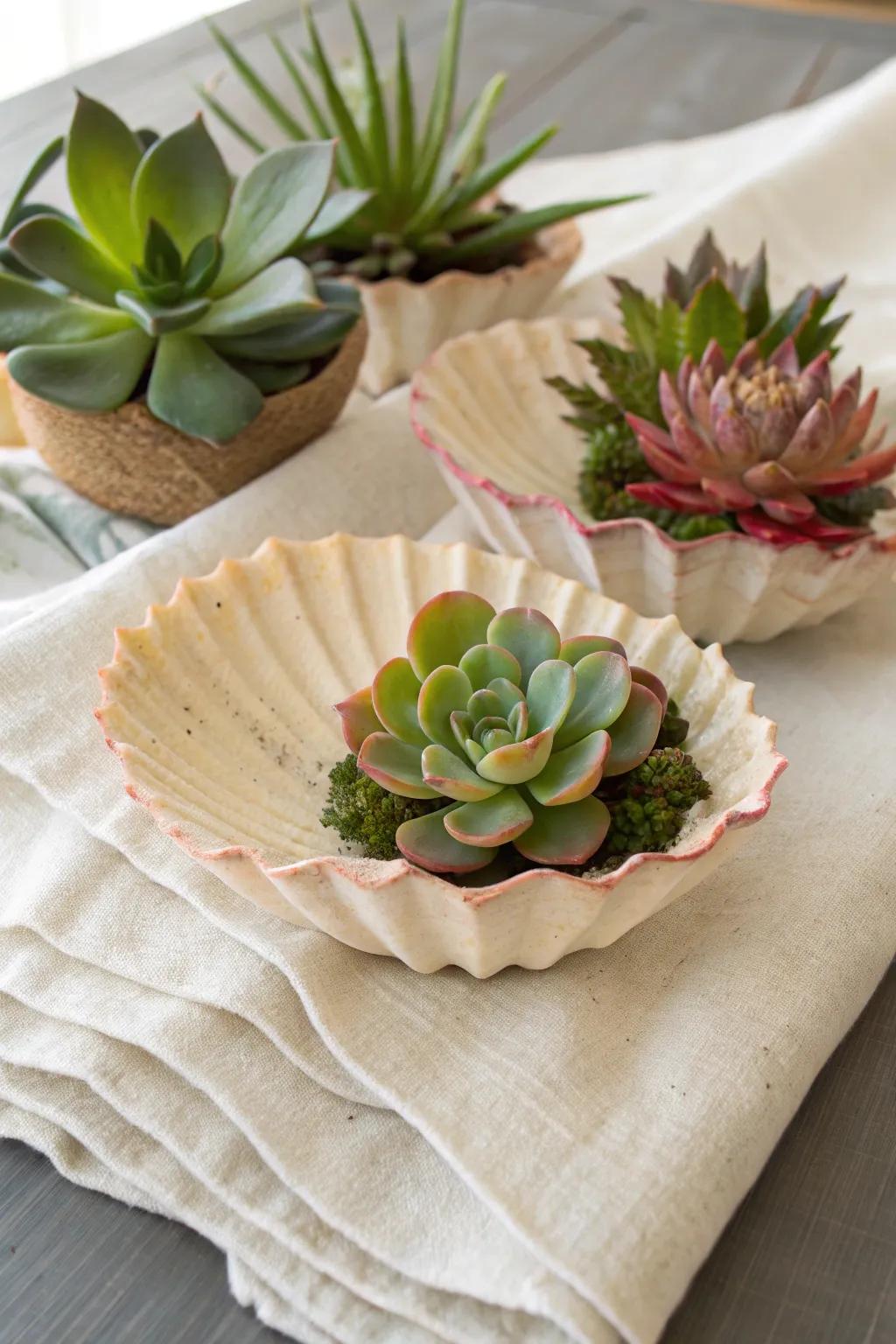 Ornamental shells inspire a coastal-themed succulent display.