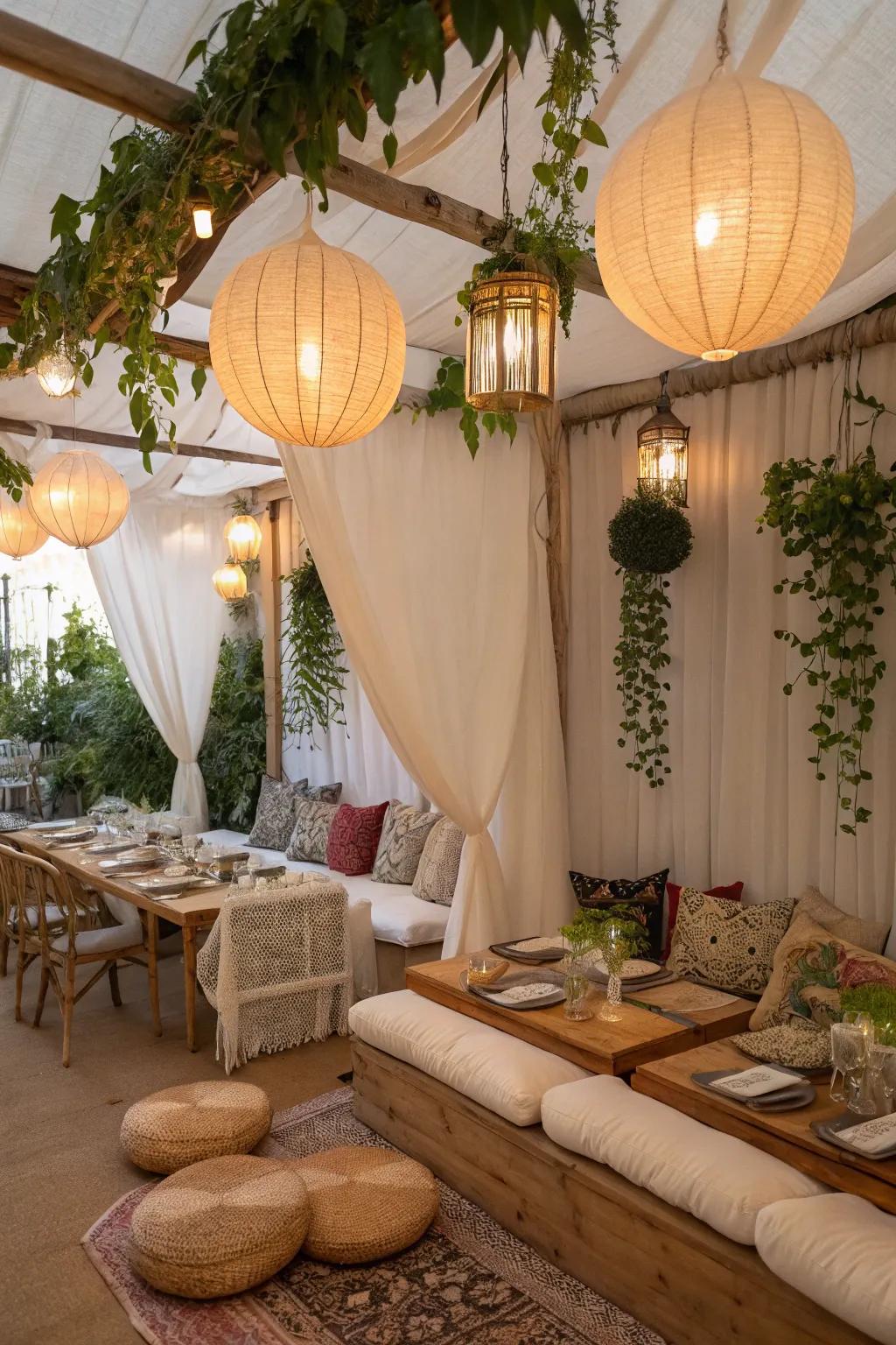 A cozy dining area in a sukkah, complete with plush cushions and airy designs.