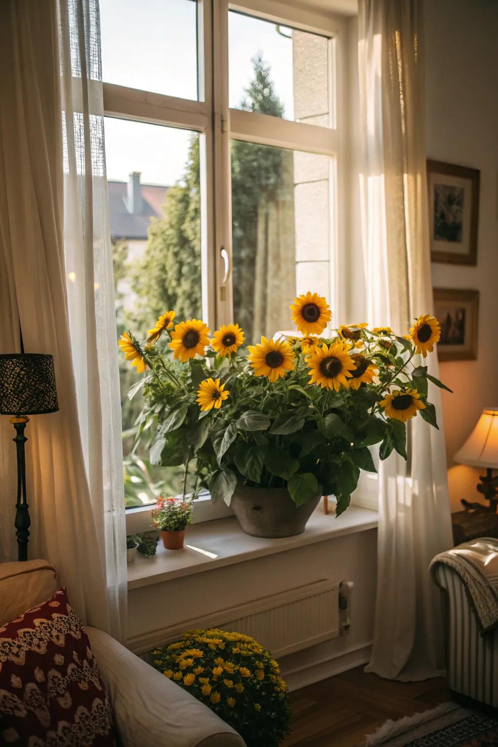 Illuminate your mornings via a sunflower-laden windowed trough.