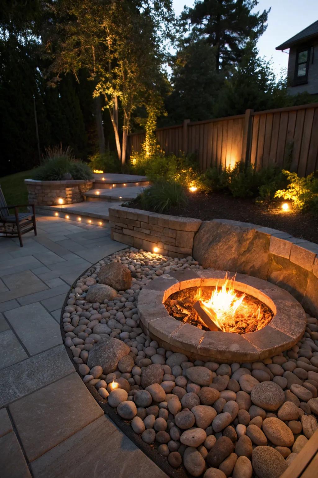 Integrated illumination includes a magical touch to this ground-level fire feature.