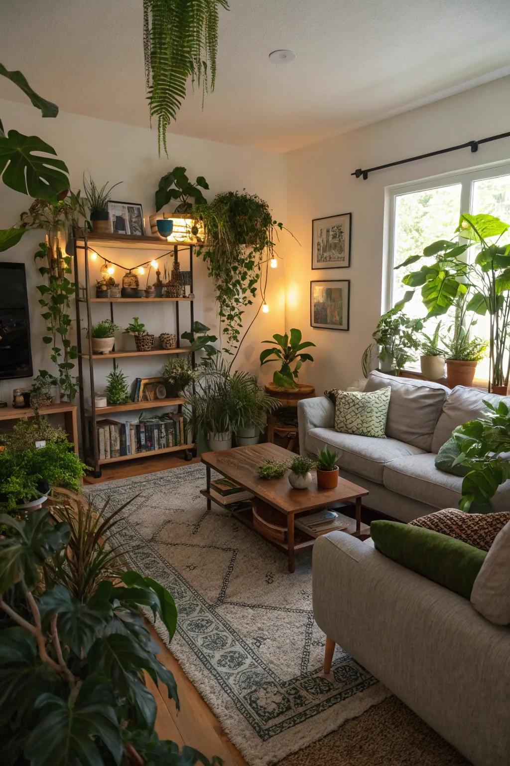 A recessed living room adorned with indoor flora.