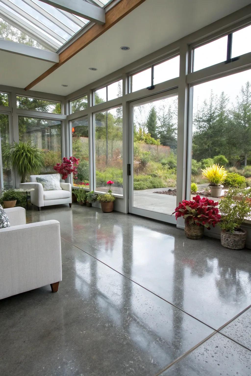 Polished concrete offers a modern edge with minimal upkeep.
