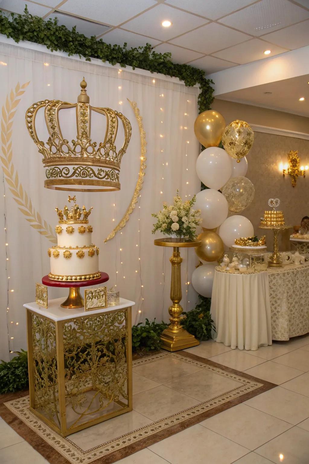 Royal crown accents transform the venue into a regal gala.