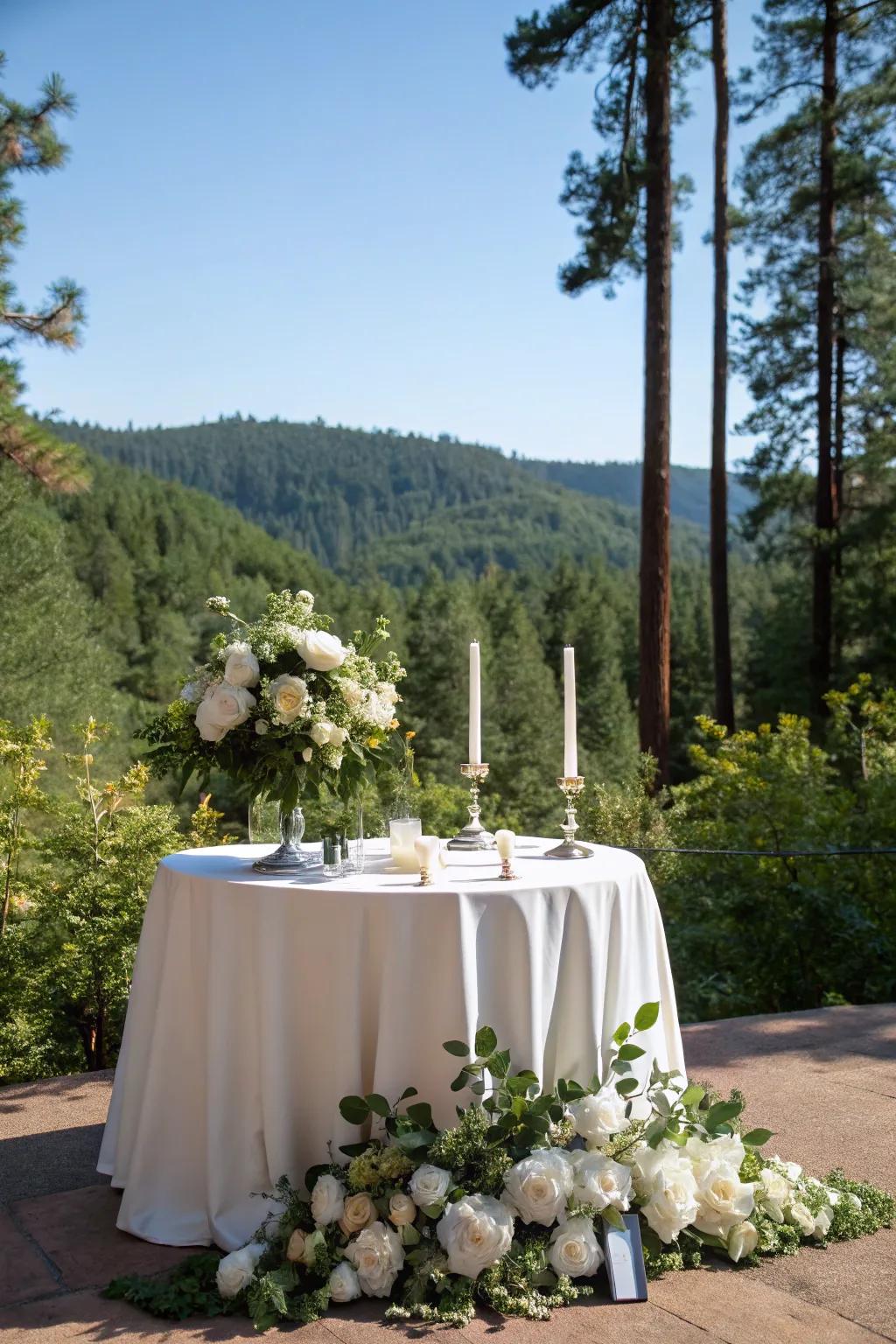 A sweetheart table structured by nature's verdant plant life and scenic prospects.