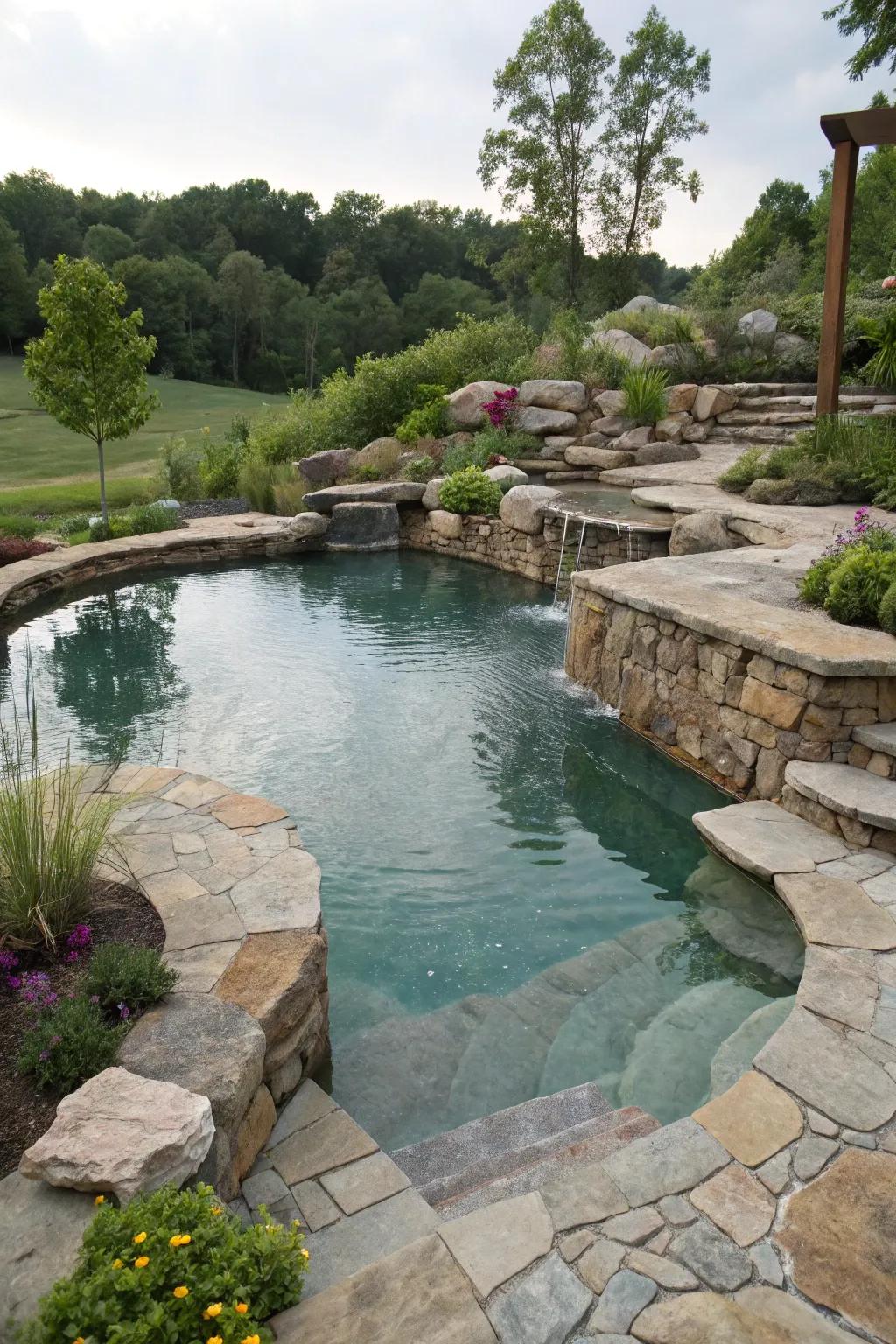 A multi-tiered structure adds dimension and visual appeal to the pond.
