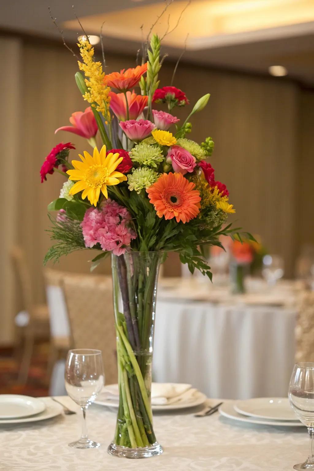 A captivating elevated arrangement using long-stemmed lilies accompanied by delphiniums.