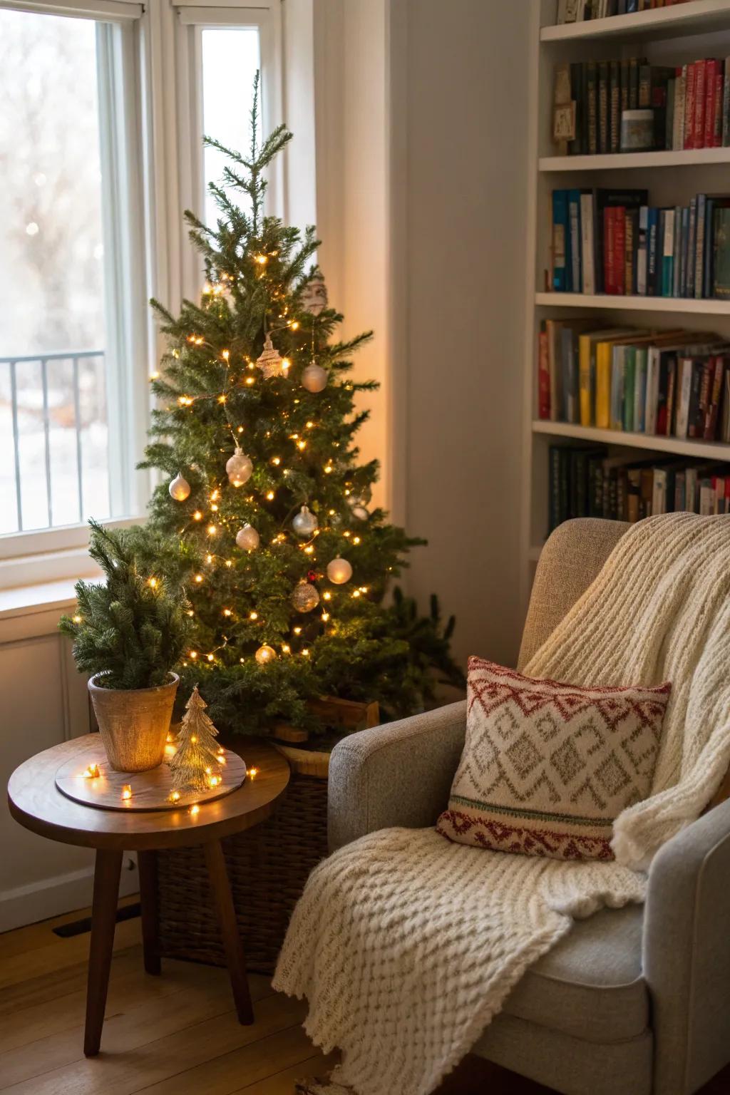 An enchanting Christmas tree for a table, enclosed in delicate lights.