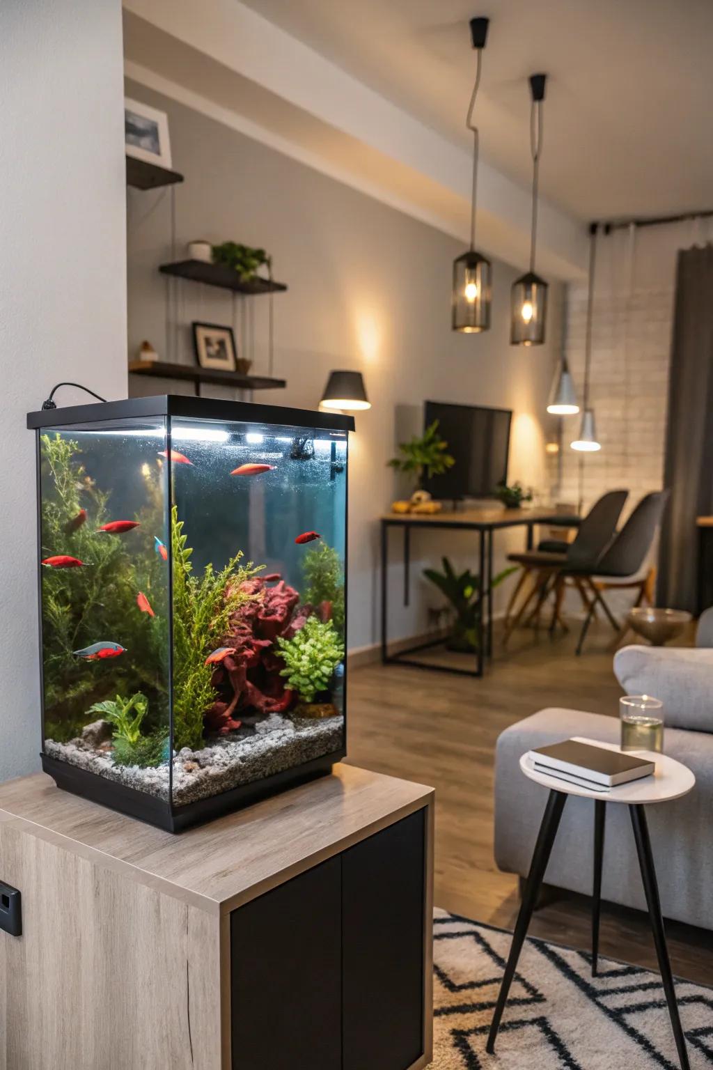 A trim proportions towering aquarium seamlessly integrating within a constricted environment.
