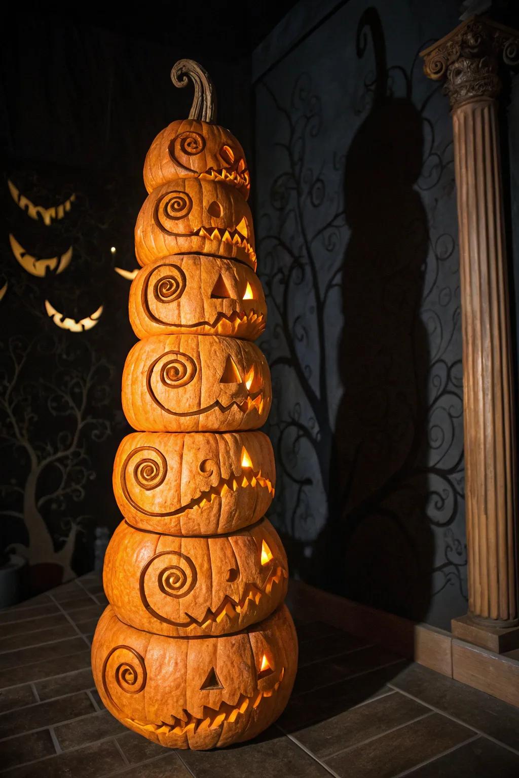 Add a twist to your pumpkin sculpting with a coil pattern showcasing eerie profiles.