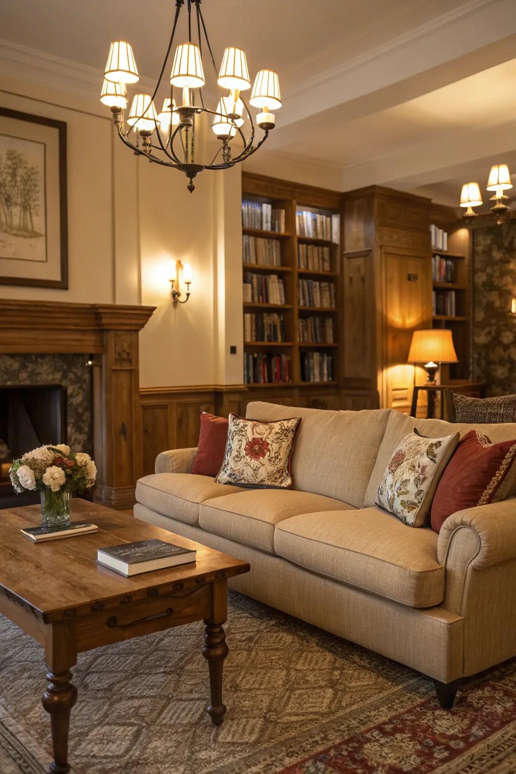 Light accentuates the beige sofa and makes a comforting mood.