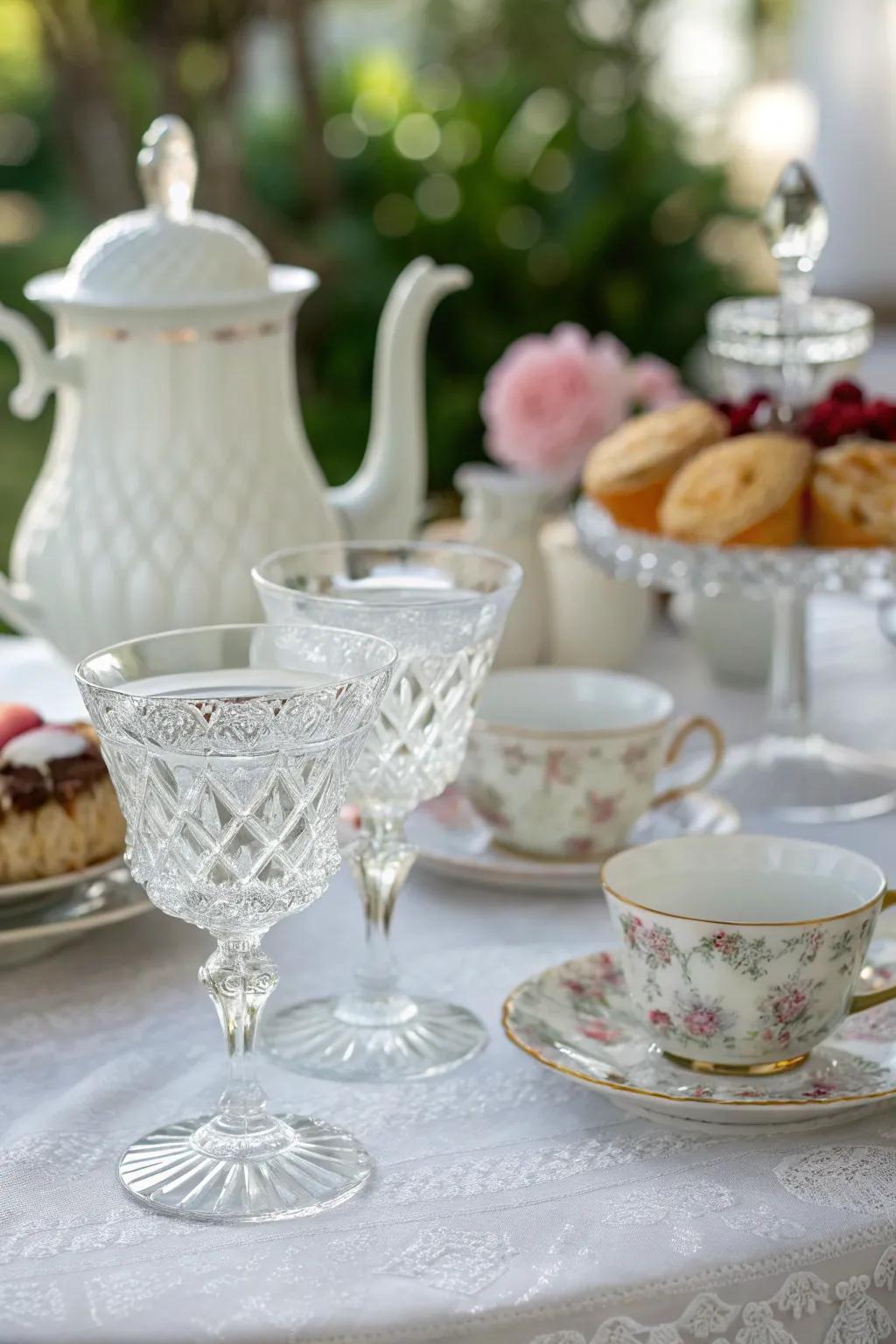 Crystal glassware adds sparkle and sophistication to the setting.