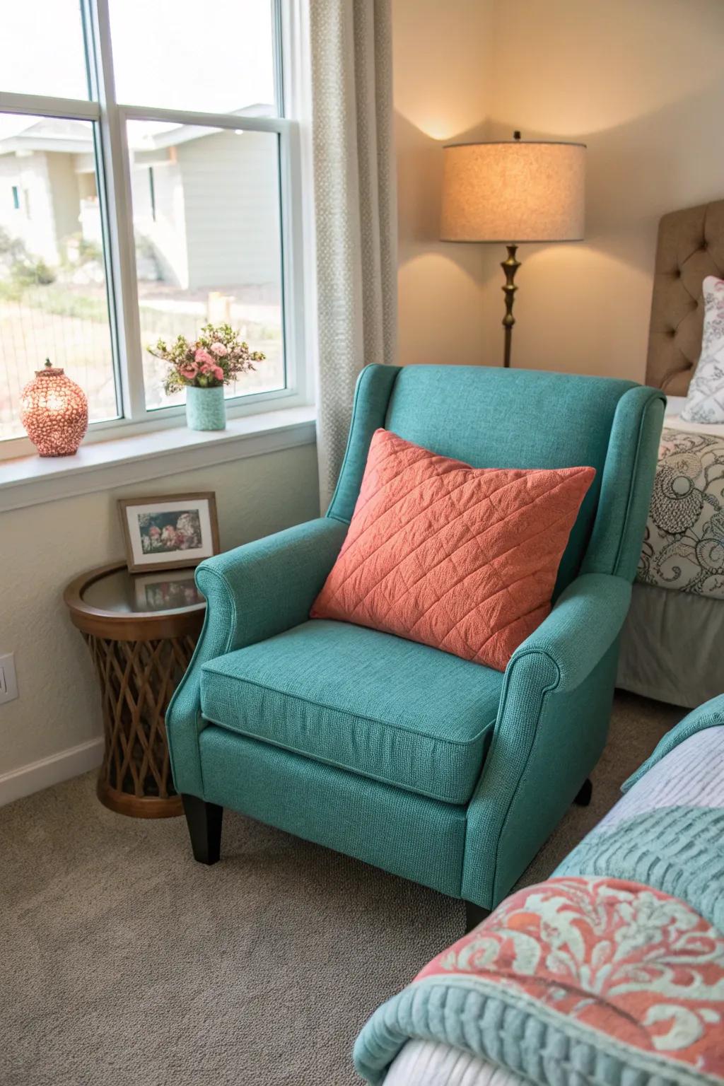 Teal seating combined with coral cushions for an inviting nook.