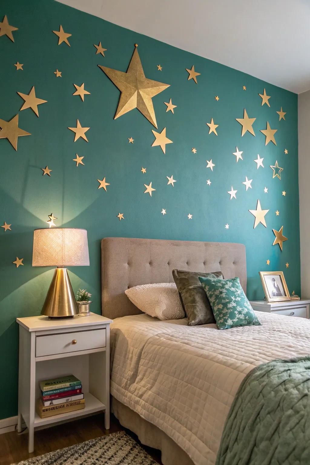 Gilded star-shaped decorations add a quirky twist to this teal-inspired bedroom.