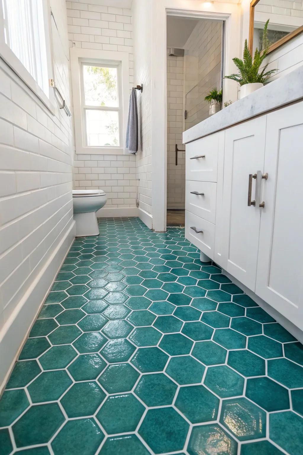Add geometric interest with aquatic green hexagon tiles.