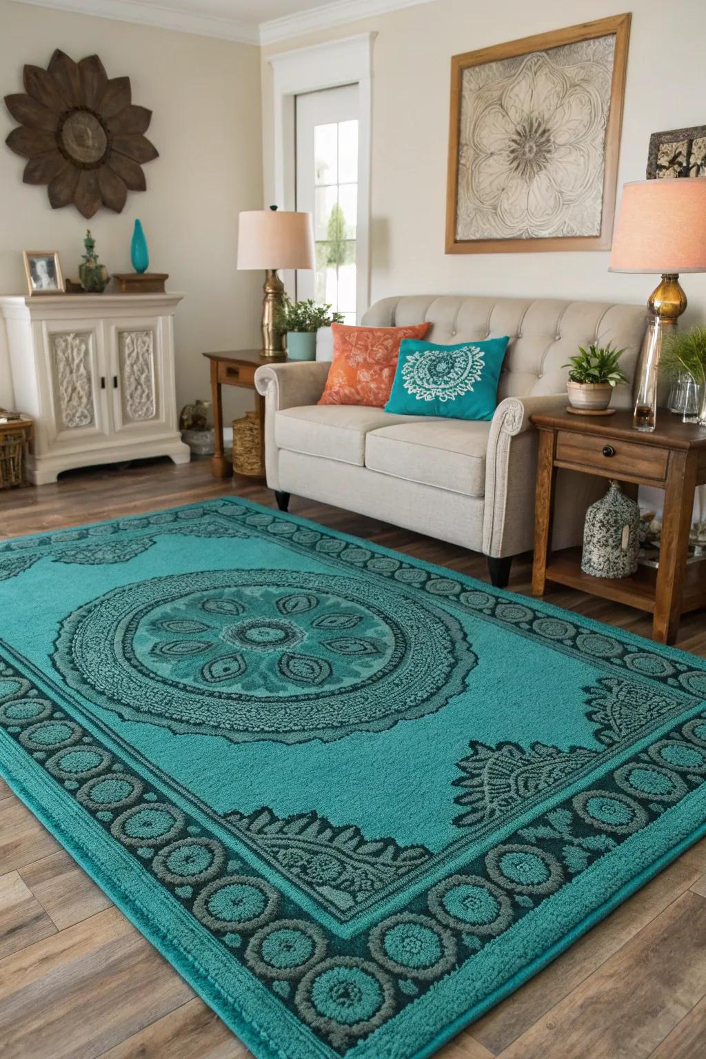 A teal and turquoise rug anchors the area while adding comfort.