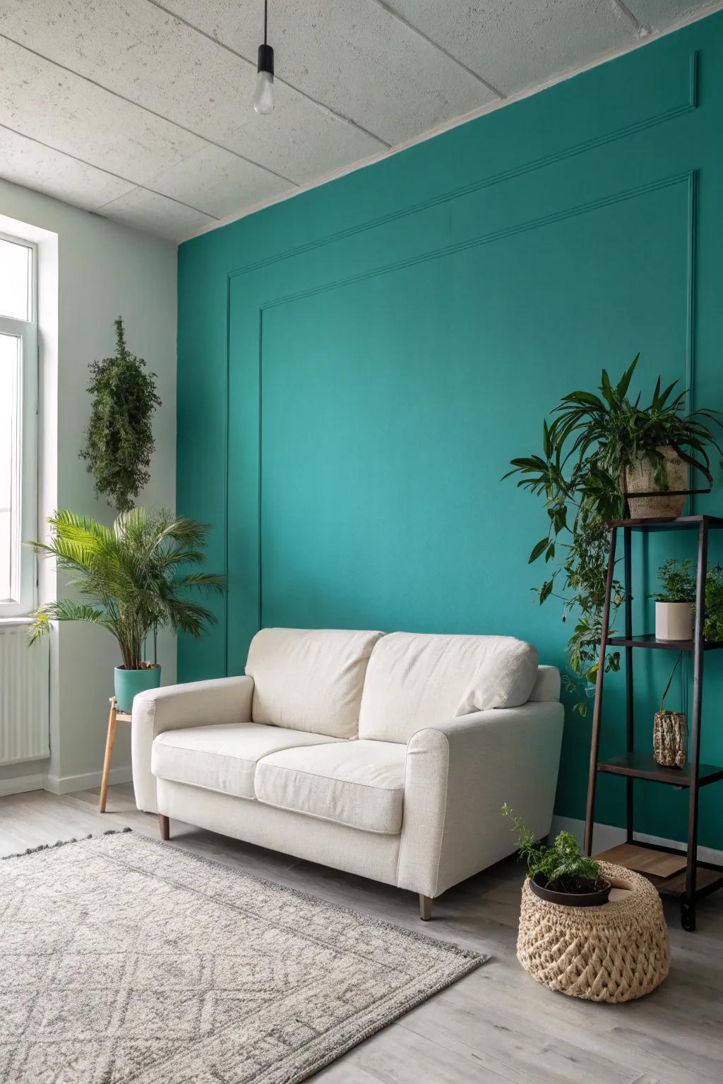An understated room featuring a striking teal feature wall.
