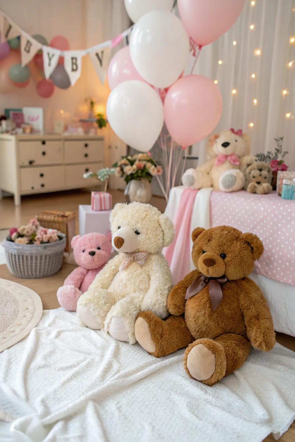 Cuddle bear accents bring a cozy appeal to the party design.