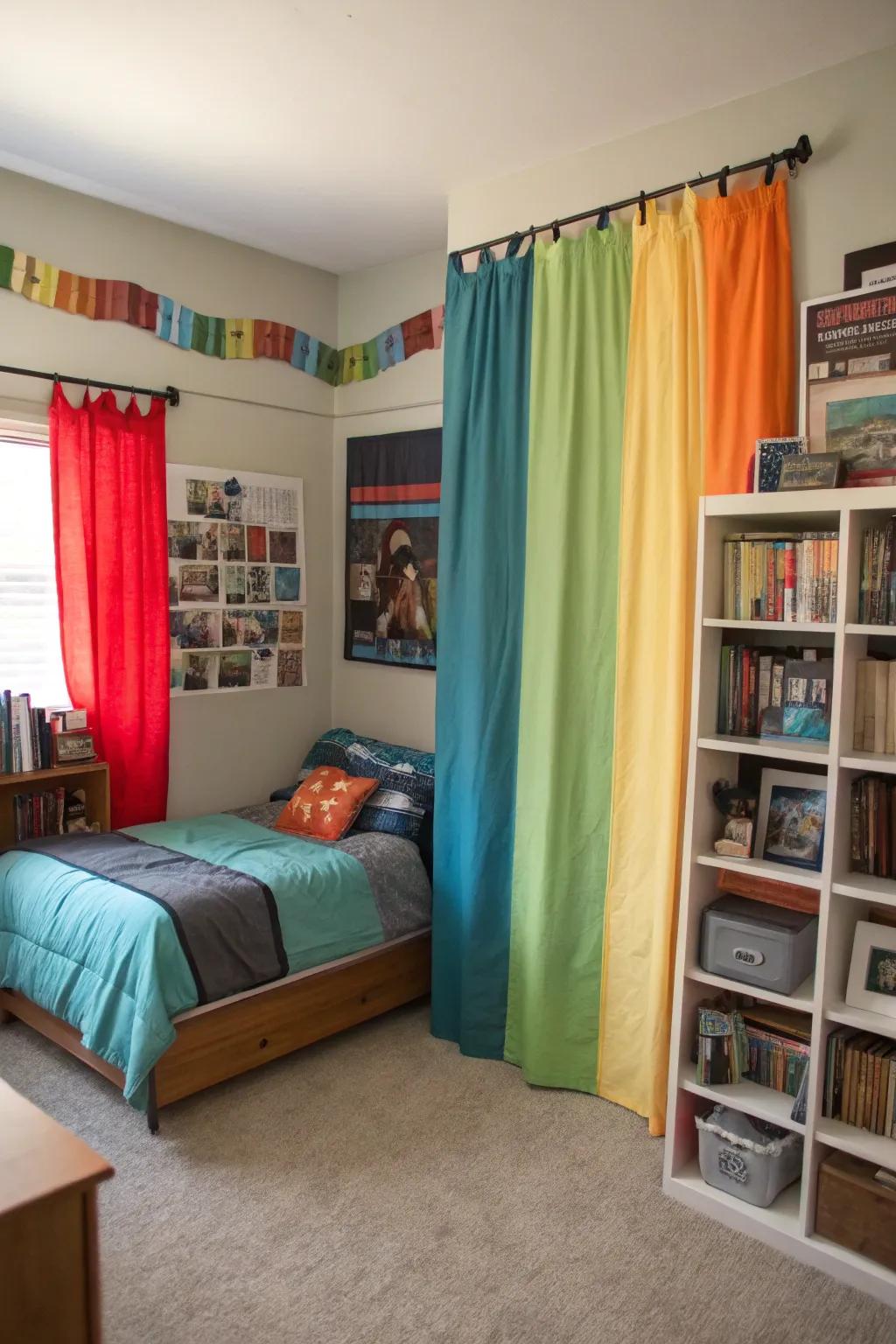 Curtains with blocked colors provide a modern and harmonious visual.