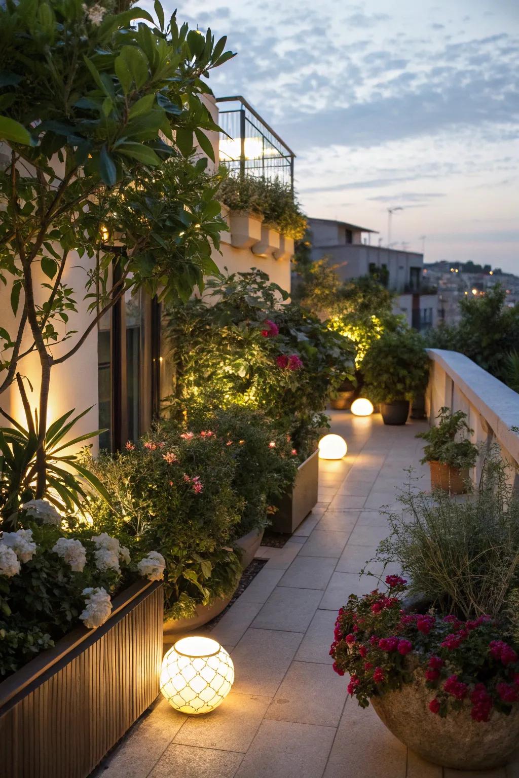 The combination of greenery and lights crafts a soothing retreat.
