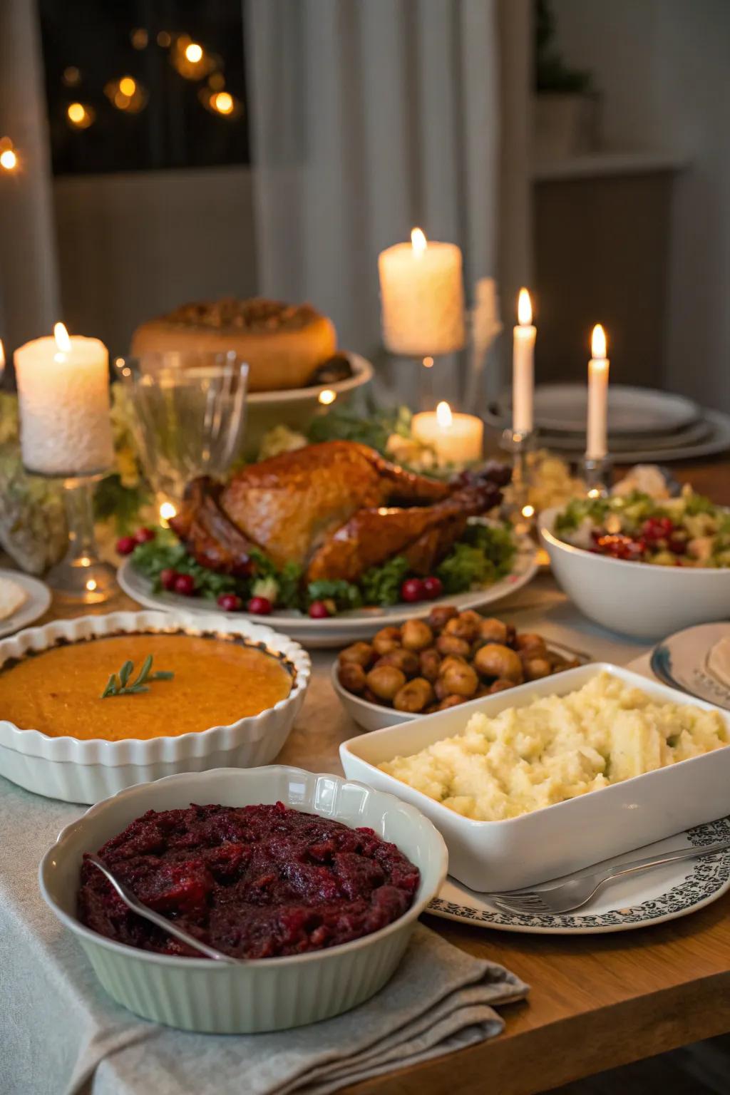 Candles give the buffet a warm, welcoming glow.
