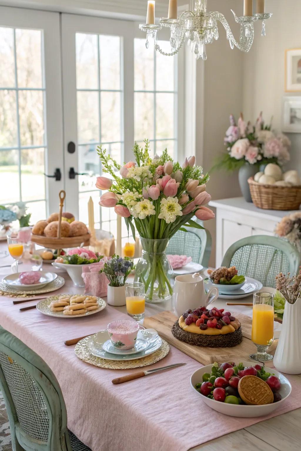 A delightful Easter early meal arrangement for familial gatherings.