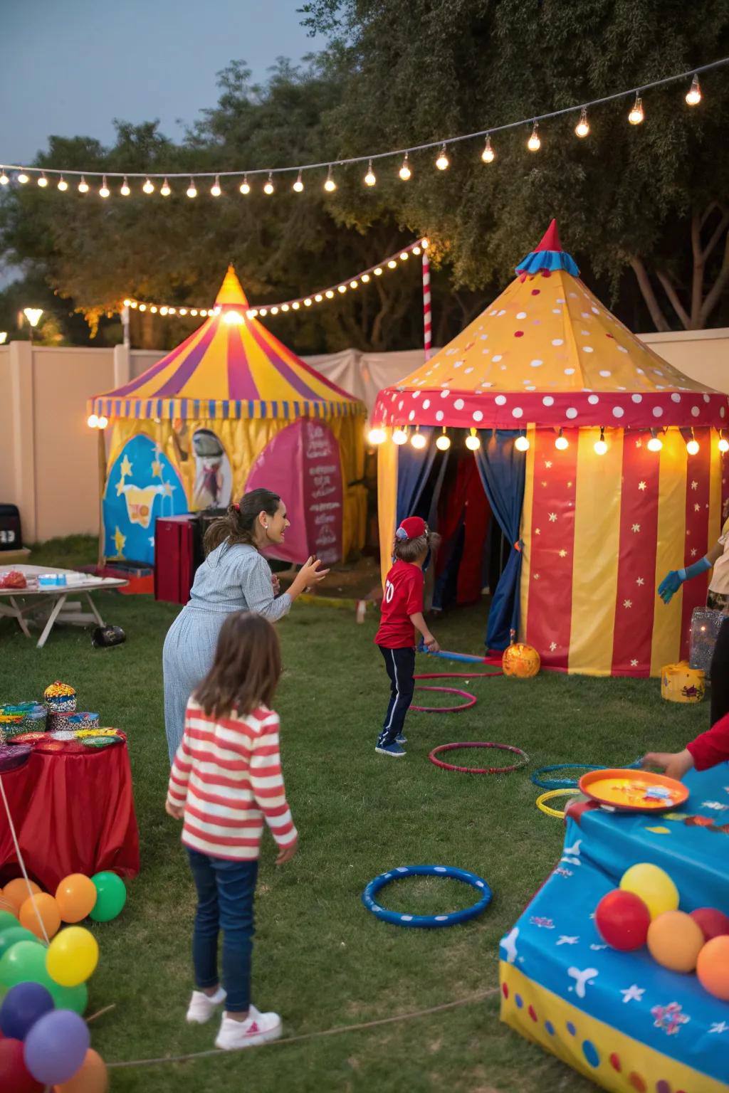 Circus-themed celebration featuring vibrant tents and games.