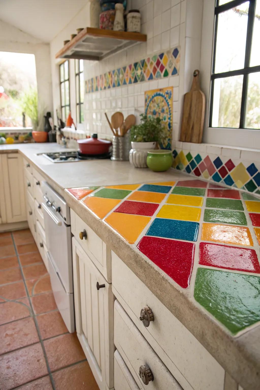 Colorful squares bring a lively touch to this cooking area.