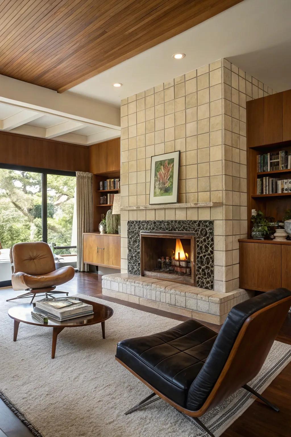 Midcentury charm with polished tiles and sleek lines.