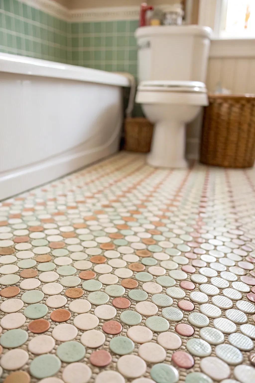 Penny round paving slabs incorporate a playful, vintage charm to this restroom.