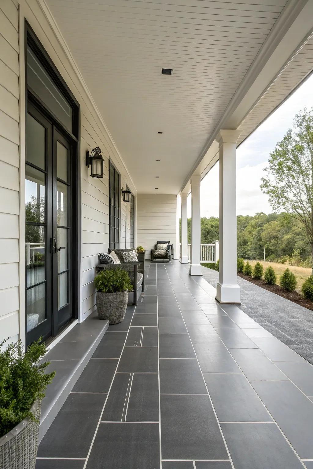 Refined tiles deliver a modern and polished aesthetic to this porch.