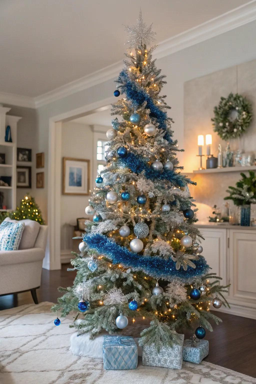 A serene home decor setting showcasing a chic Christmas tree using azure and silver sparkle ribbon.
