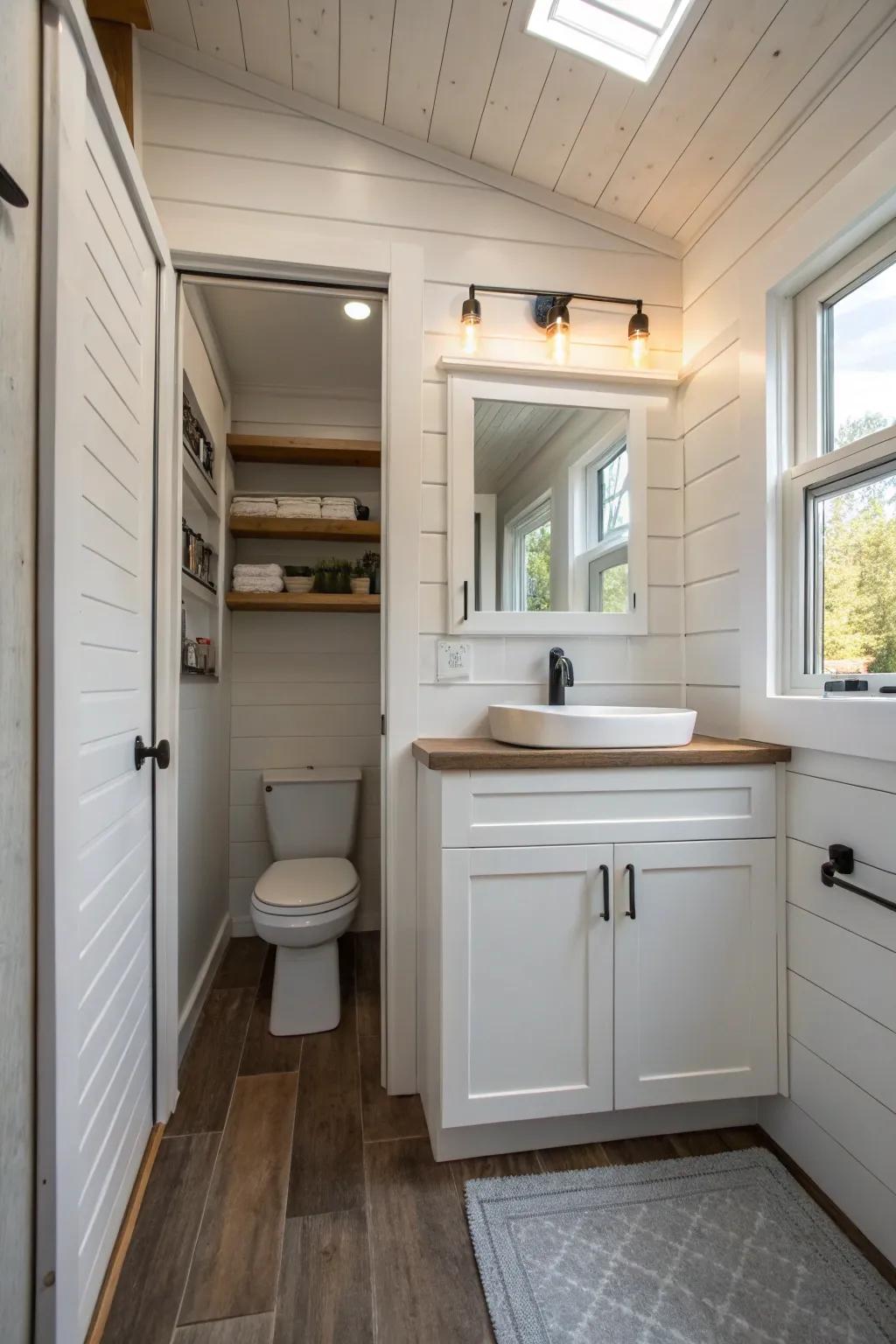 Integrated storage keeps essentials organized in this tiny bathroom.