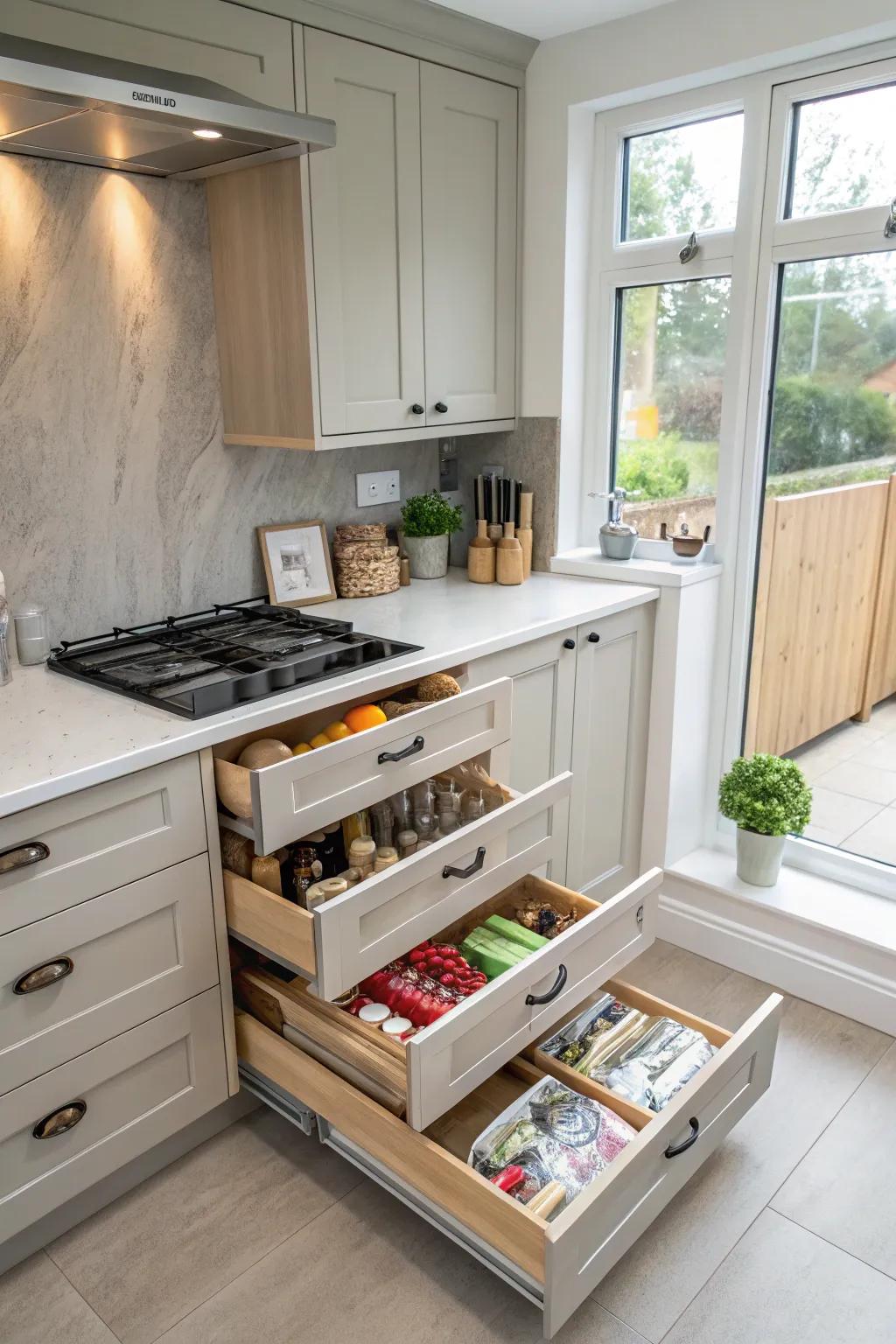 Concealed storage maintains a petite cooking space orderly and clutter-free.