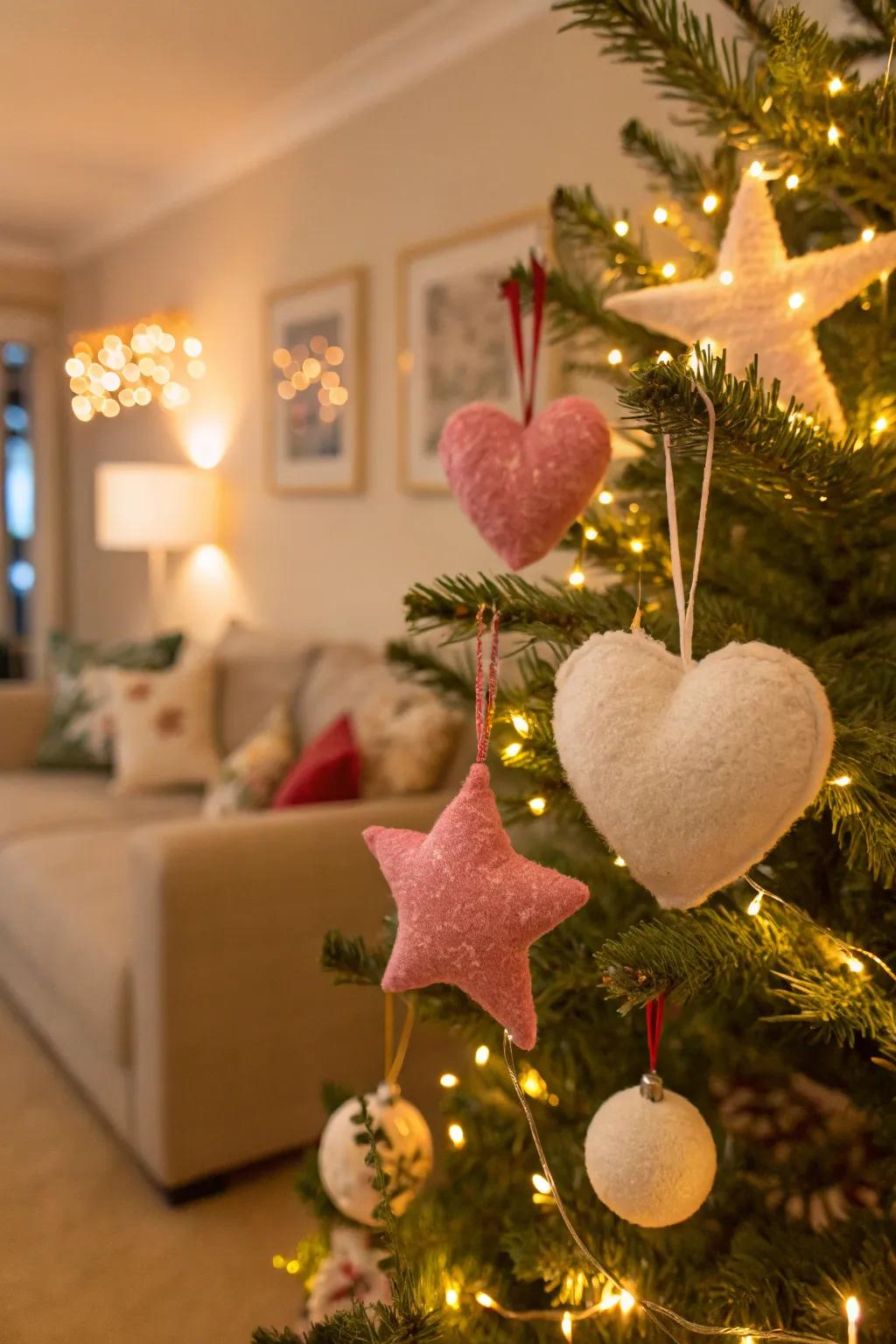 Plush ornaments contribute a gentle element to the tree.