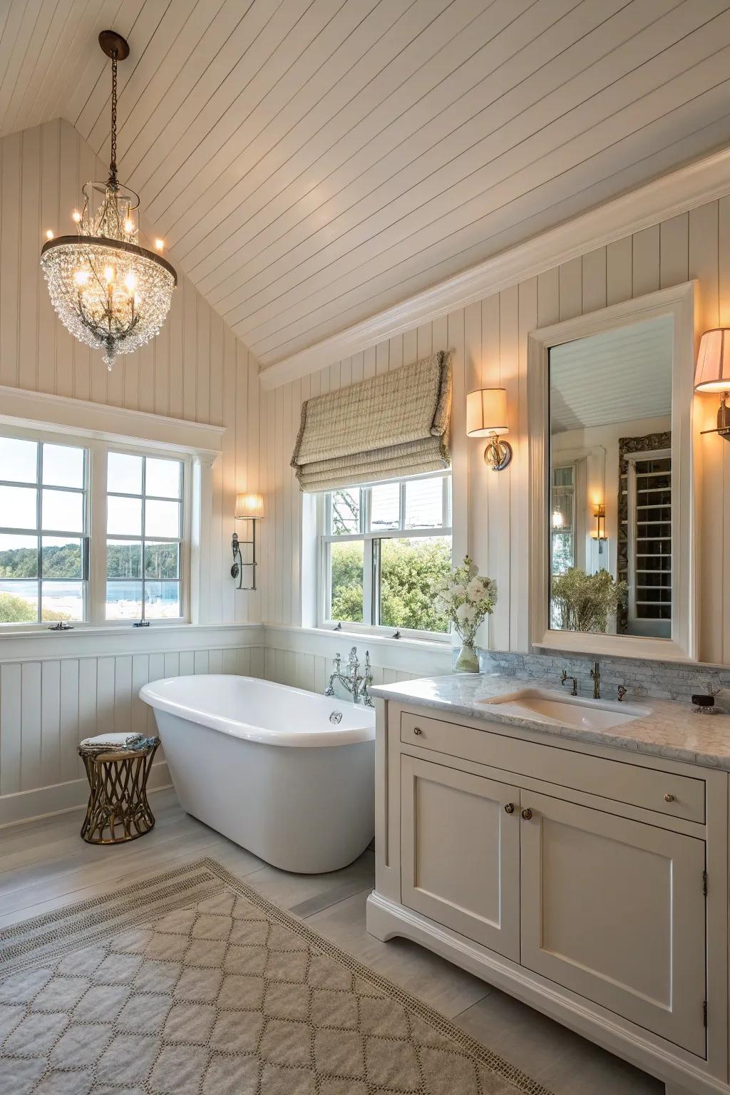 Design a spa-like bathing space retreat with shiplap walls.