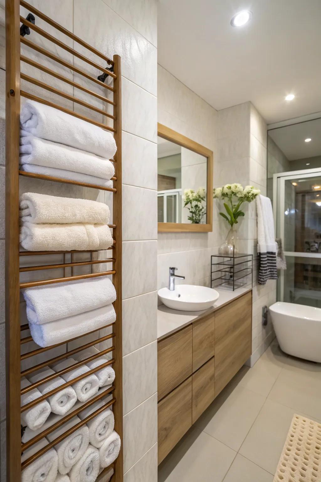 Units that mount on the wall provide compact and efficient towel storage.