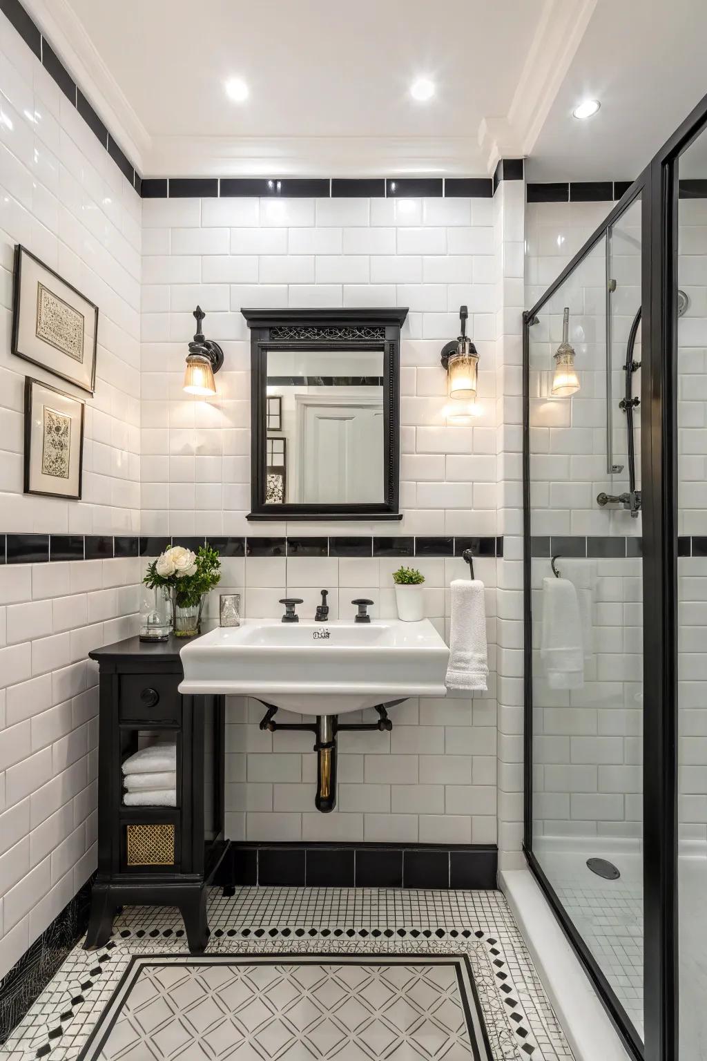 A white bathroom showcasing discerning ebony accents that produce remarkable contrast.