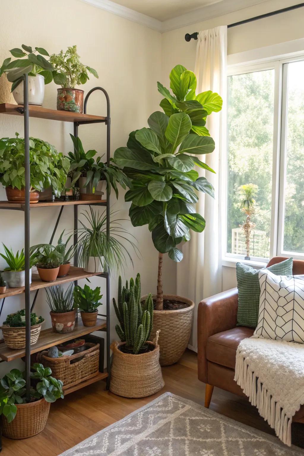 Lush vegetation breathing life into the living space.